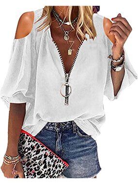 Womens White V-Neck Zipper Blouse Top